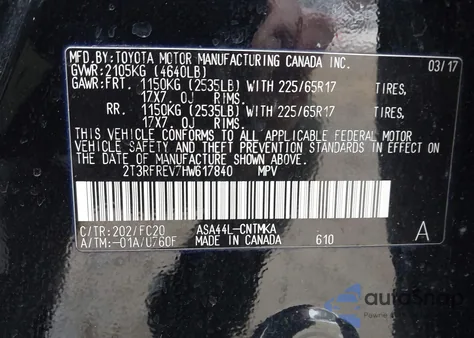 2017 Toyota Rav4 Xle из США, поврежденный, VIN 2T3RFREV7HW617840